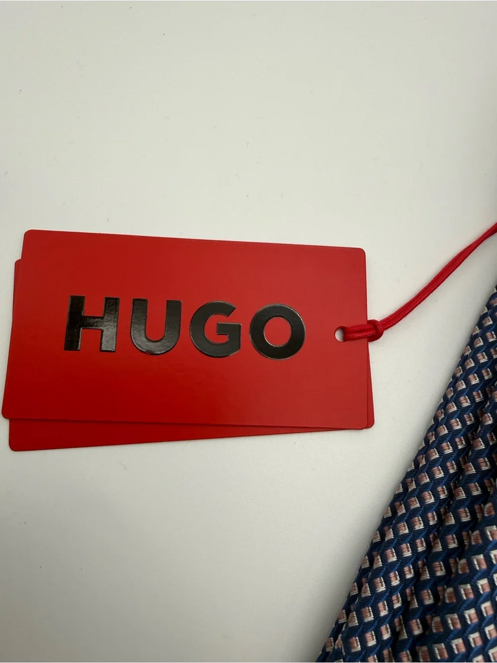 HUGO Navy Tie with Light Blue Diamond Micro-Pattern